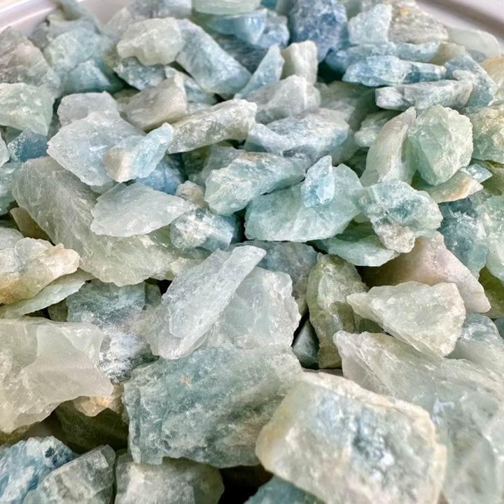 Close-up of raw blue aquamarine crystals