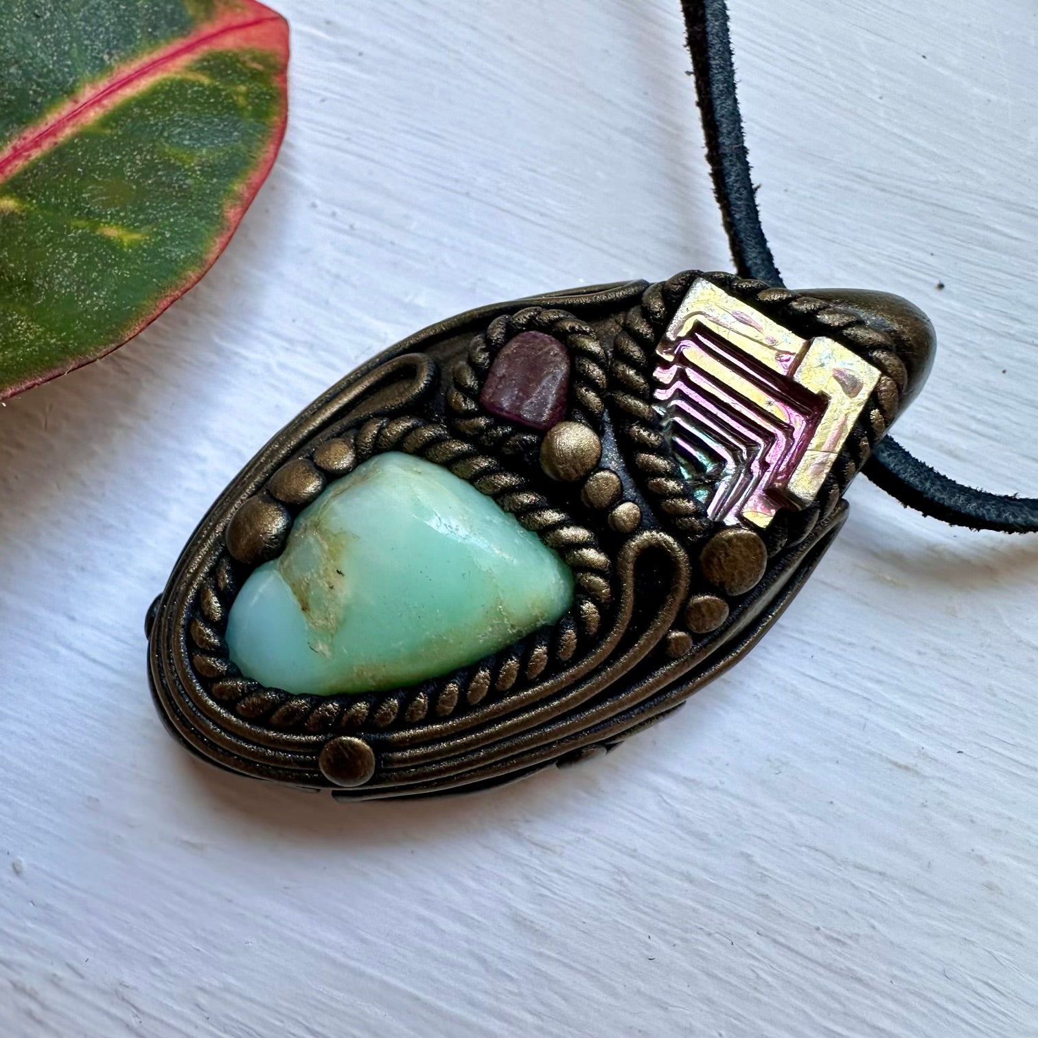 Chrysoprase Bismuth and Ruby Necklace - FairyGardenGlow