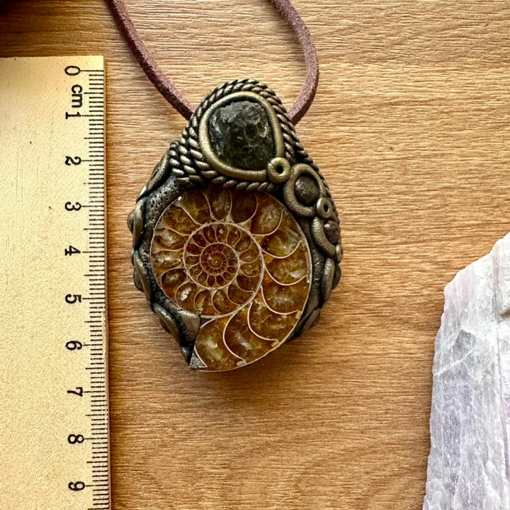 Ammonite Moldavite and Red Garnet Necklace - FairyGardenGlow