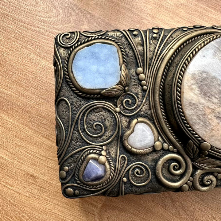 Handmade Wooden Box with Crystals – Moonstone Moon, Blue Chalcedony, Rose Quartz, Tanzanite, Charoite & Aqua Aura Spirit Quartz - FairyGardenGlow