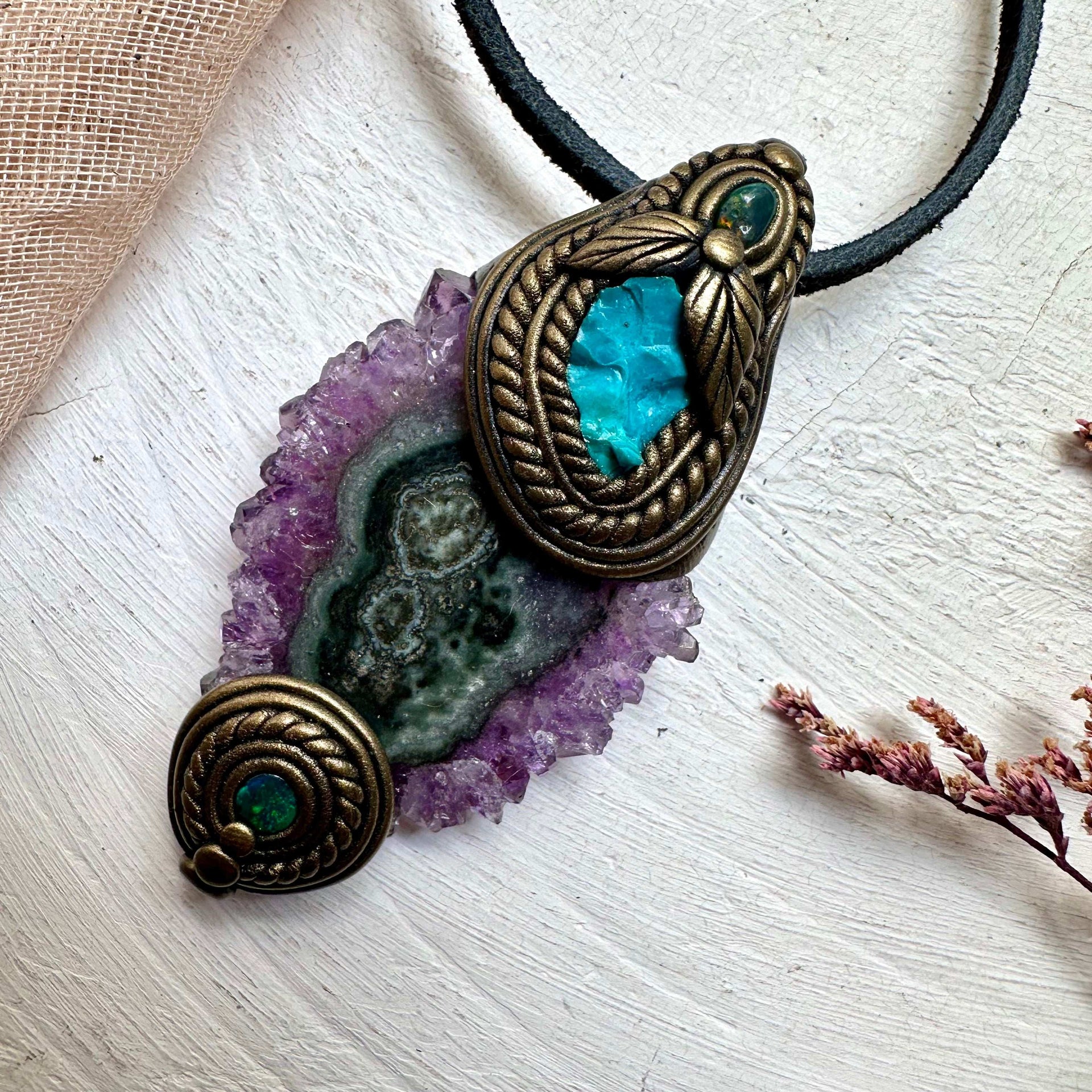 Amethyst Stalactite Raw Chrysocolla and Black Opal Necklace - FairyGardenGlow