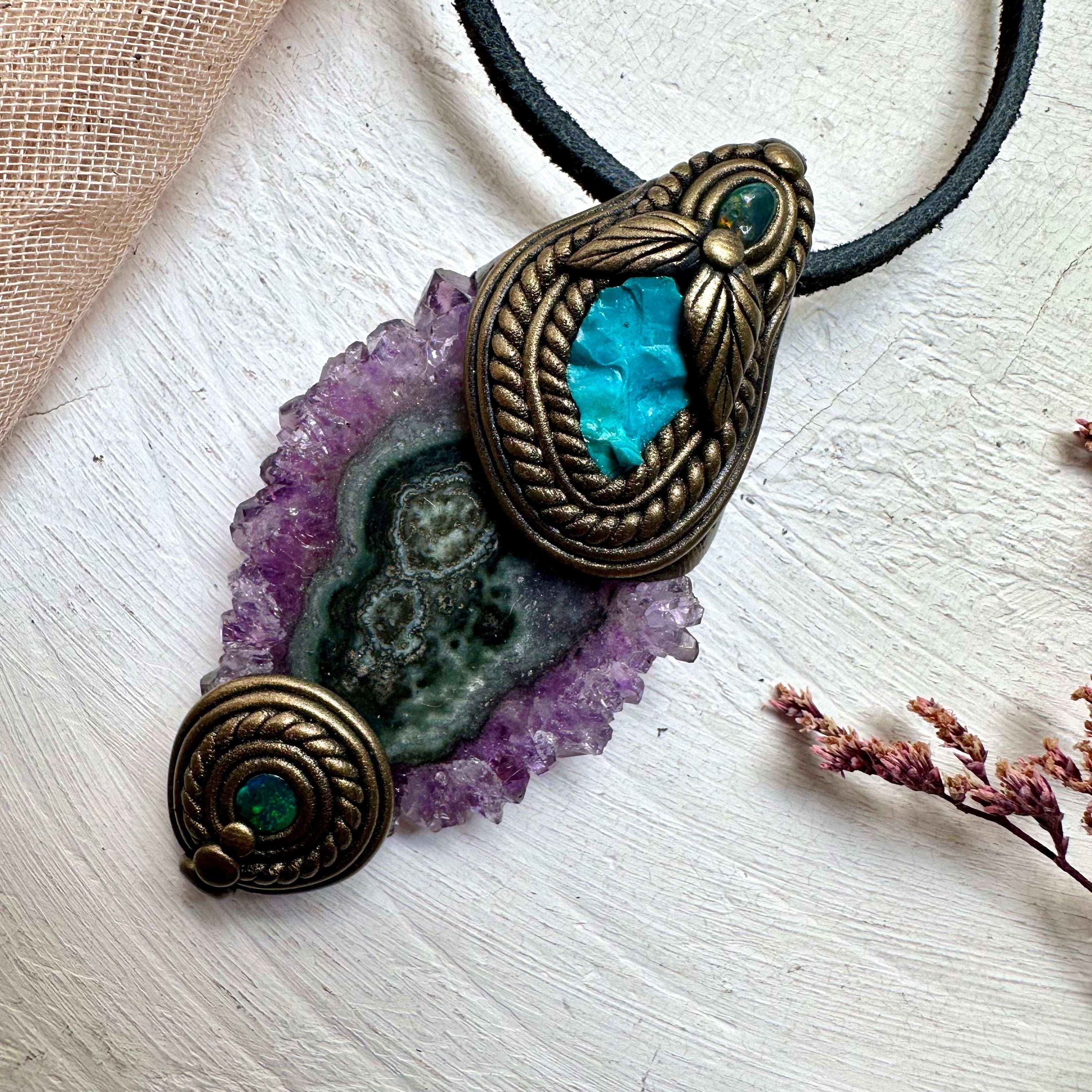 Amethyst Stalactite Raw Chrysocolla and Black Opal Necklace - FairyGardenGlow