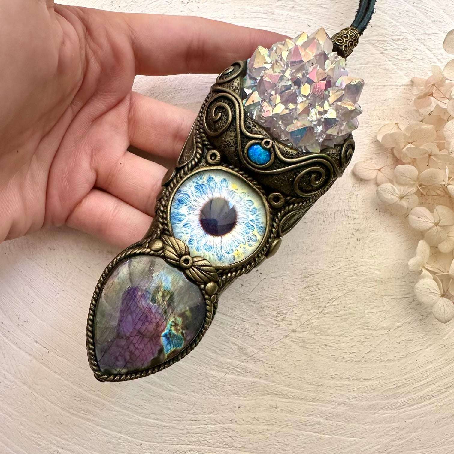 Angel Aura Amethyst Cluster Purple Labradorite and Australian Opal Eye Wand / Pendant - FairyGardenGlow
