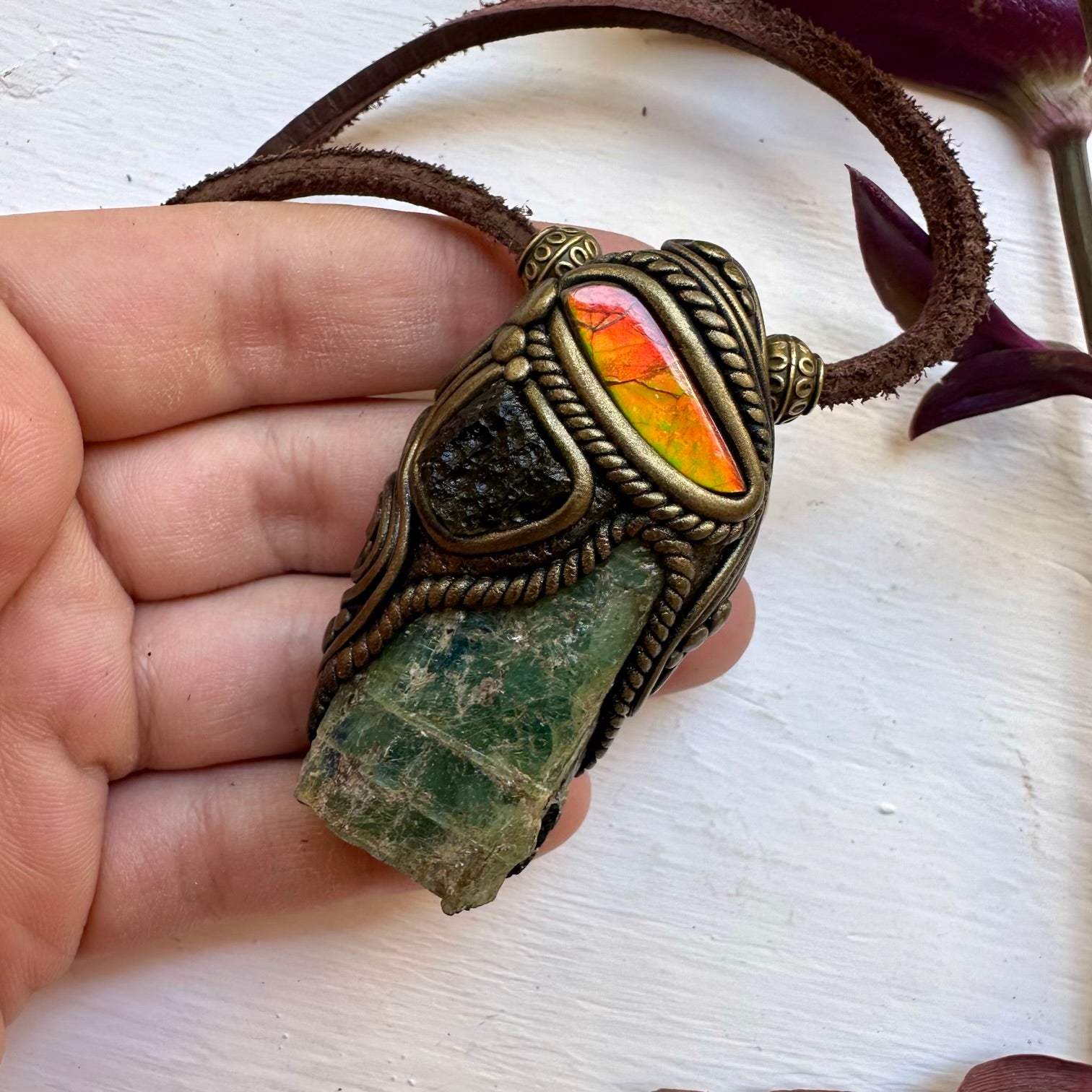 Green Kyanite Ammolite and Moldavite Pendant Necklace - FairyGardenGlow