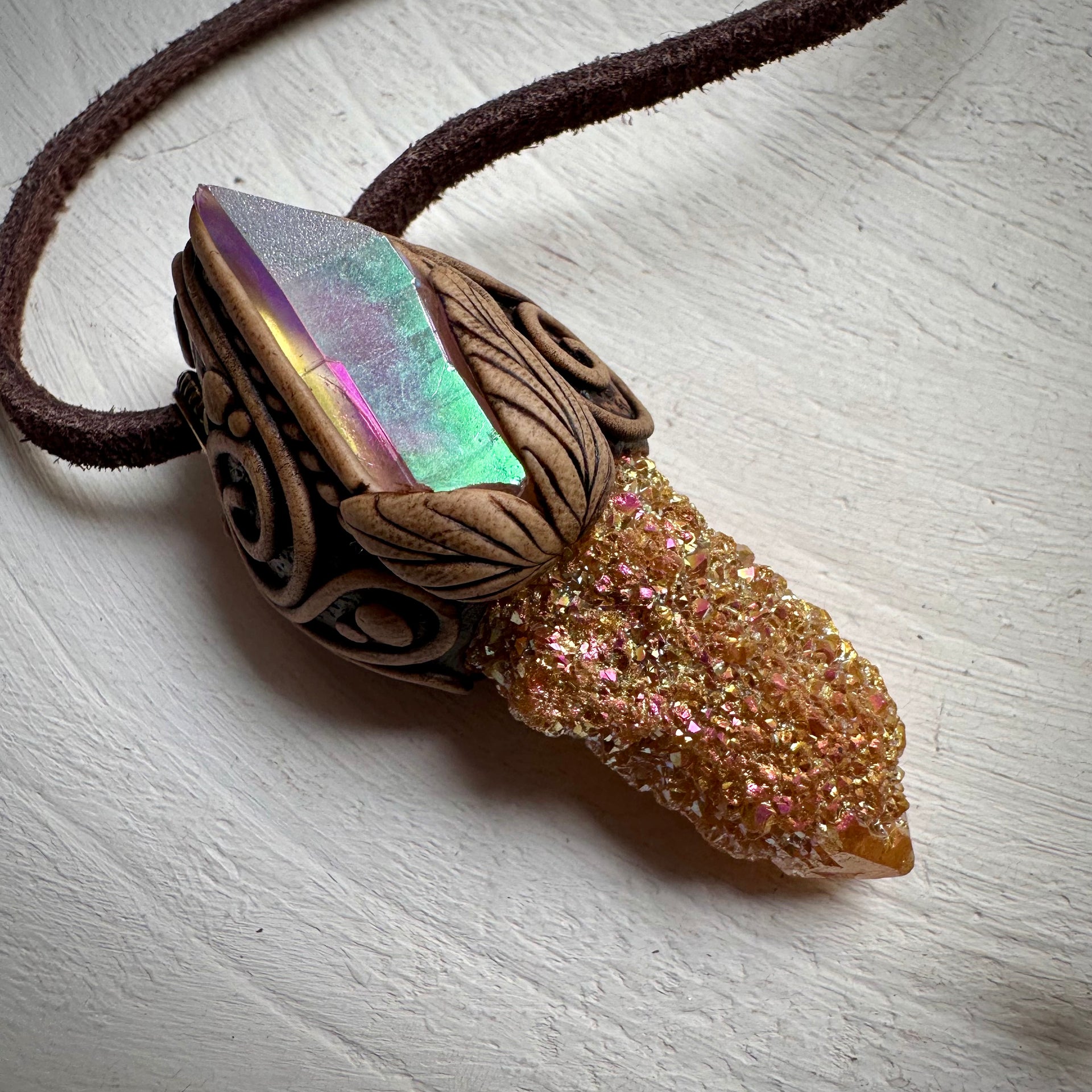 Sunset Aura Spirit Quartz and Angel Aura Quartz Necklace