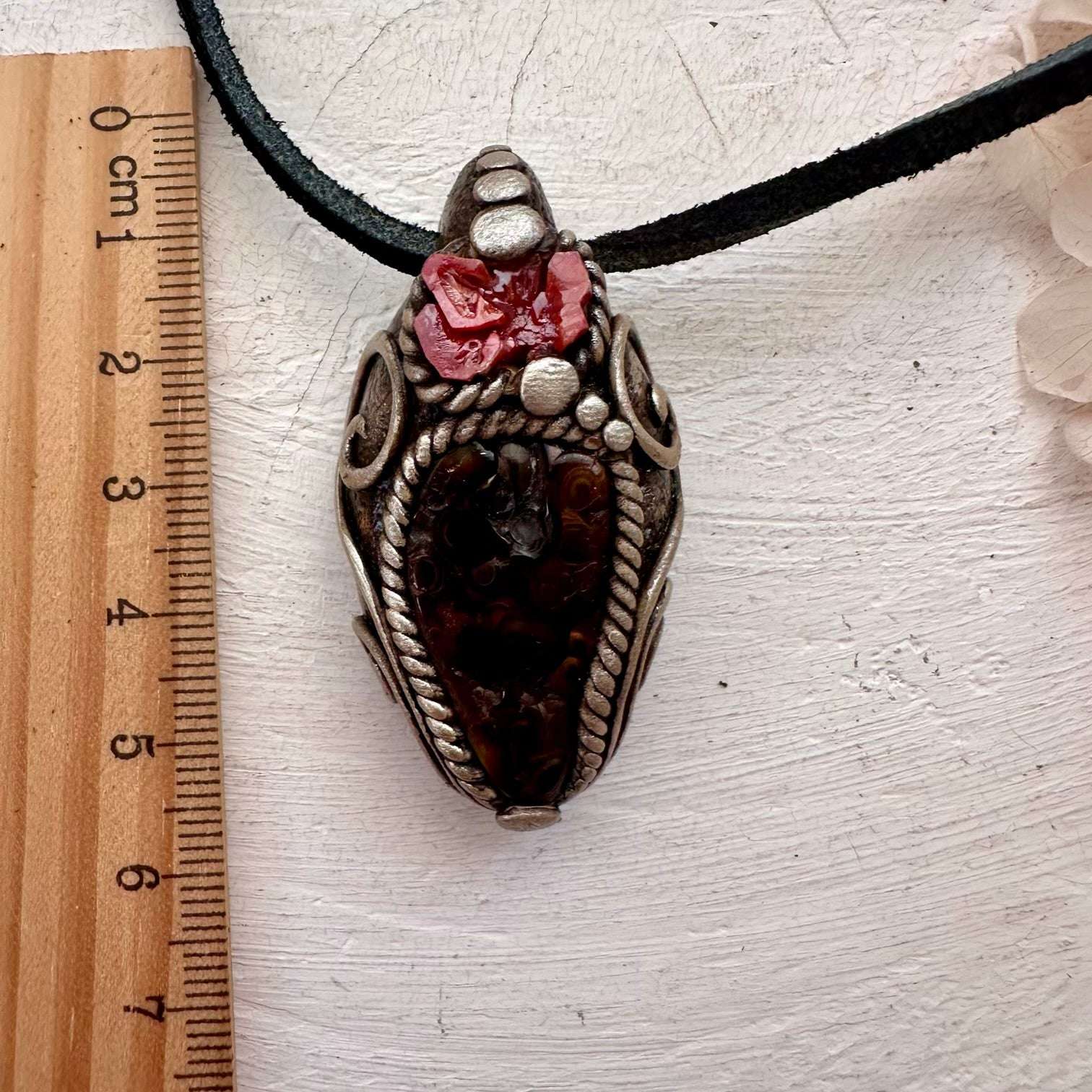 Fire Agate and Vanadinite Pendant, Handmade Crystal Jewelry - FairyGardenGlow
