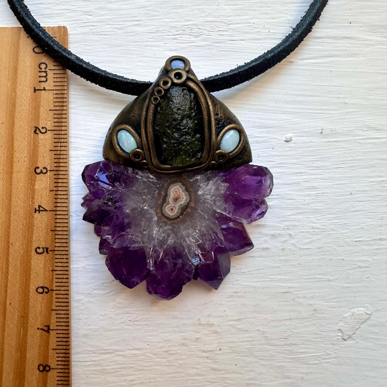 Amethyst Stalactite Moldavite and Australian Opal Necklace - FairyGardenGlow