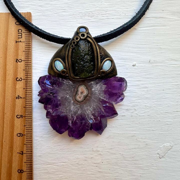 Amethyst Stalactite Moldavite and Australian Opal Necklace - FairyGardenGlow