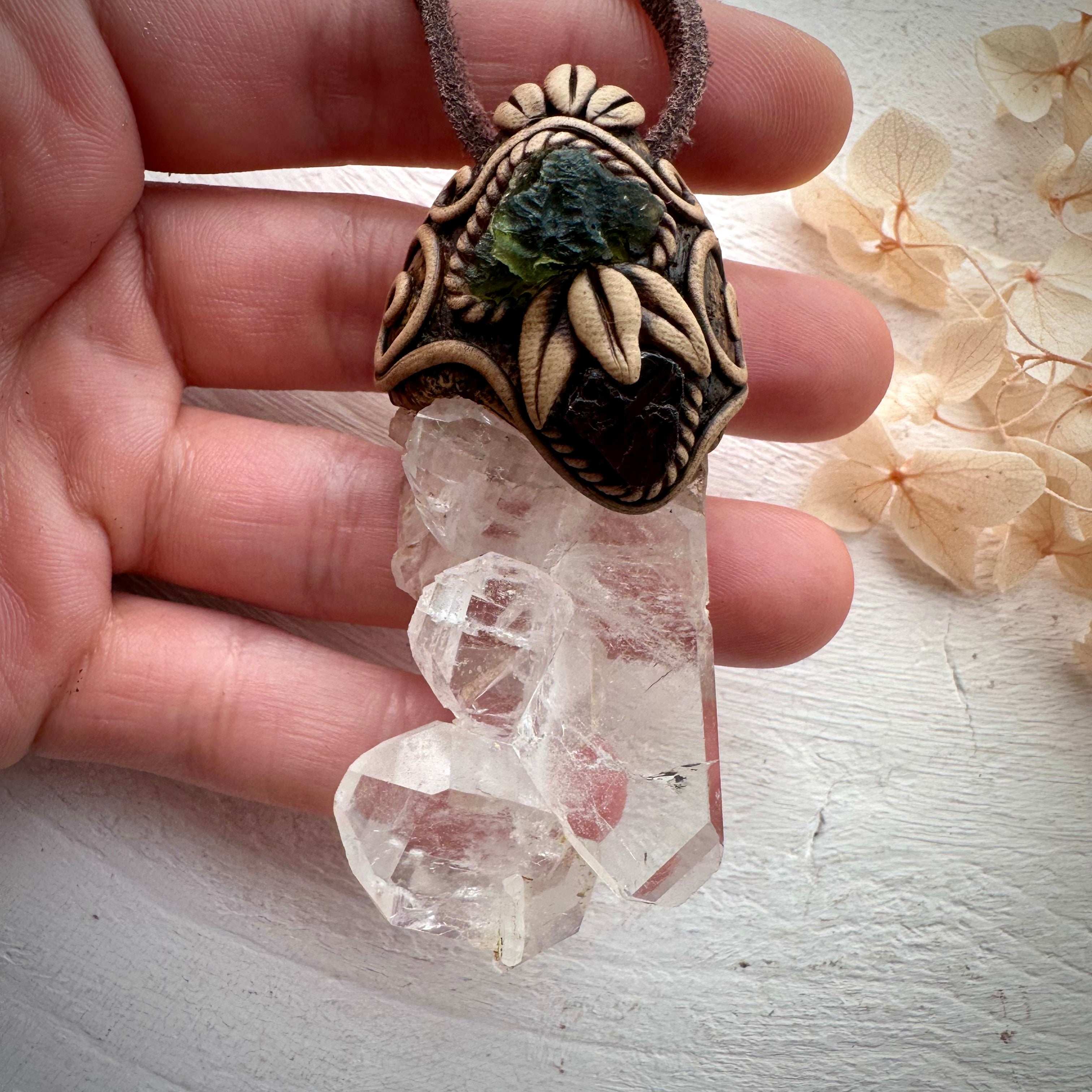 Faden Quartz Moldavite and Red Garnet Necklace - FairyGardenGlow