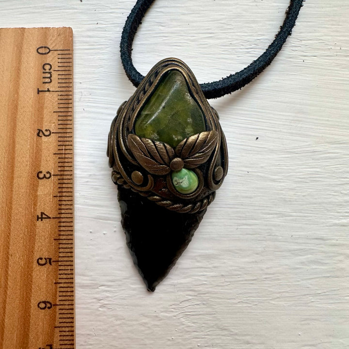 Black Obsidian Arrowhead Vesuvianite and Tibetan Turquoise Pendant - FairyGardenGlow