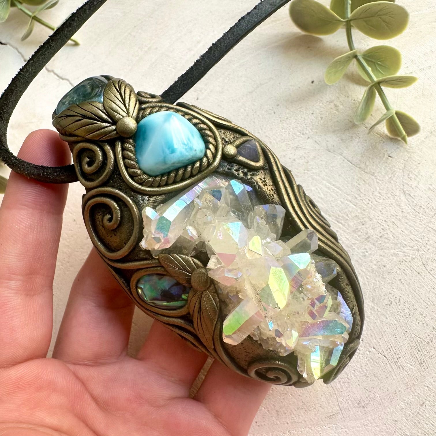 Healing crystal necklace handcrafted with Angel Aura Quartz and vibrant natural gemstones.
