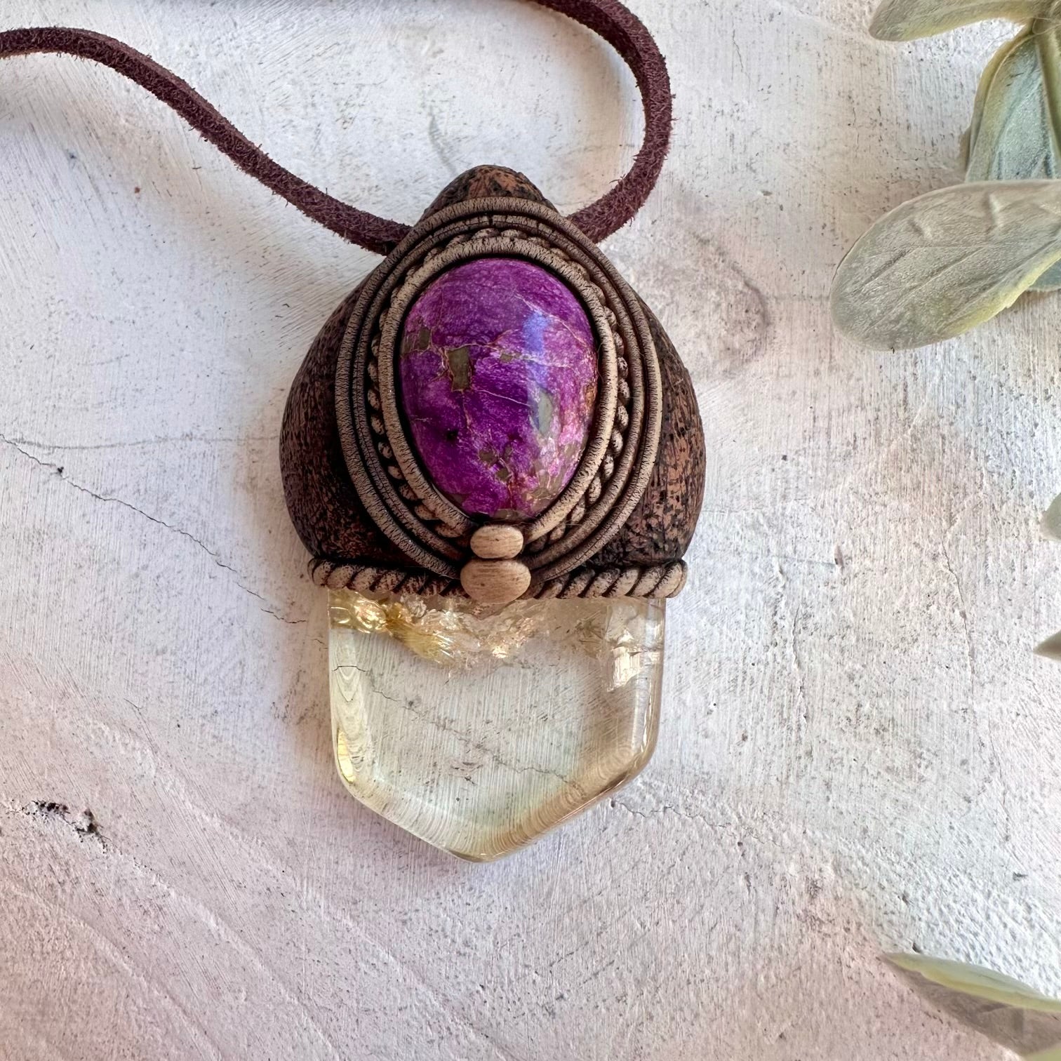 Close up of Citrine and Stichtite pendant necklace