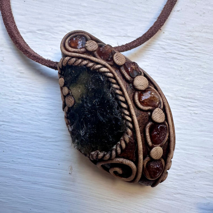 Moldavite and Hessonite Garnet Necklace, Unisex Crystal Jewelry - FairyGardenGlow