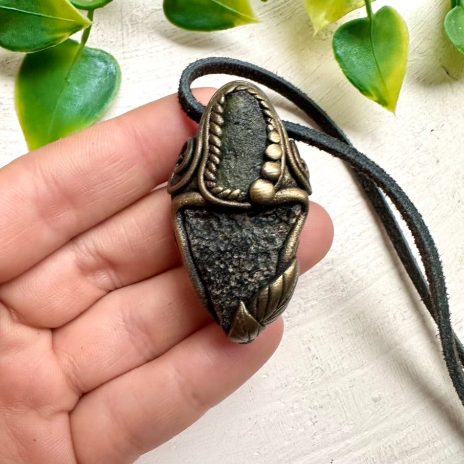 Moldavite and Black Tektite Crystal Necklace, Handmade unisex jewelry