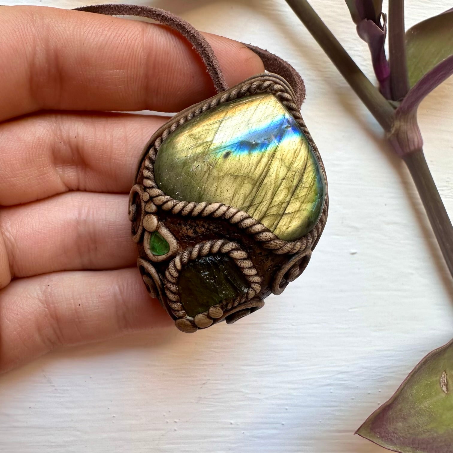 Labradorite Moldavite and Emerald Necklace - FairyGardenGlow