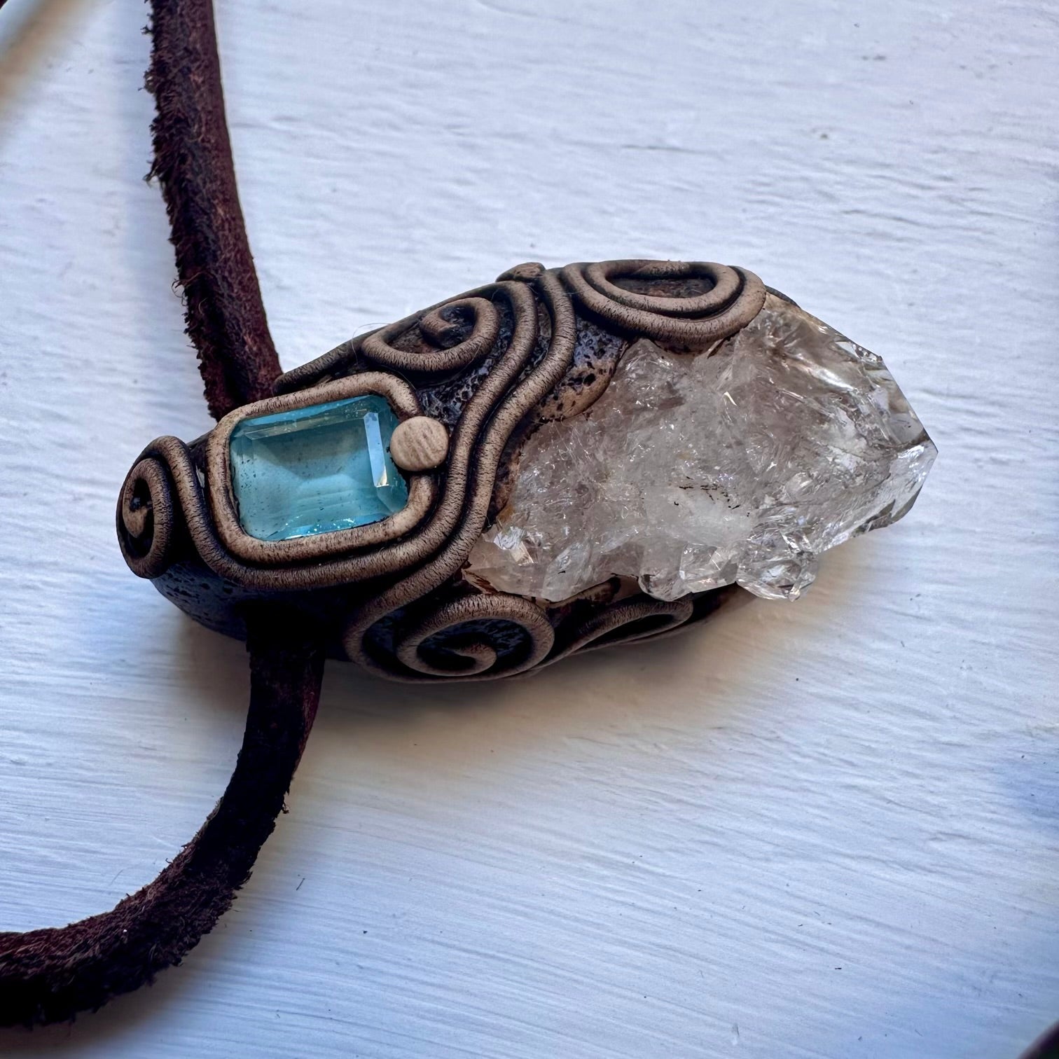 Herkimer Diamond Quartz and Blue Topaz Pendant Necklace - FairyGardenGlow