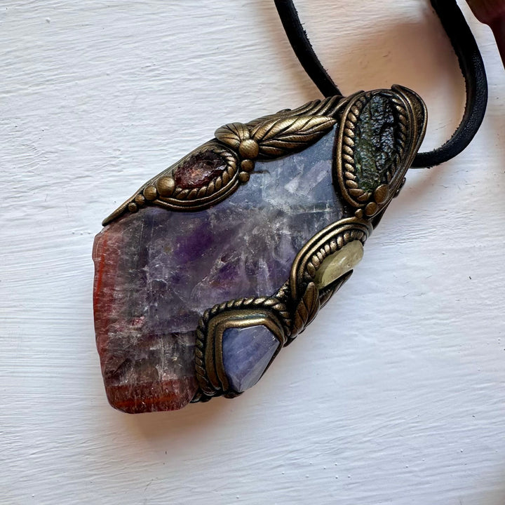 Super Seven Quartz Moldavite Tanzanite Red Garnet and Brazilianite Wand / Pendant - FairyGardenGlow