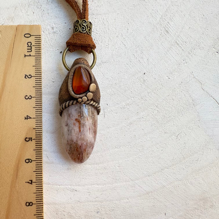 Spiritual crystal necklace with Hematite Quartz and Amber