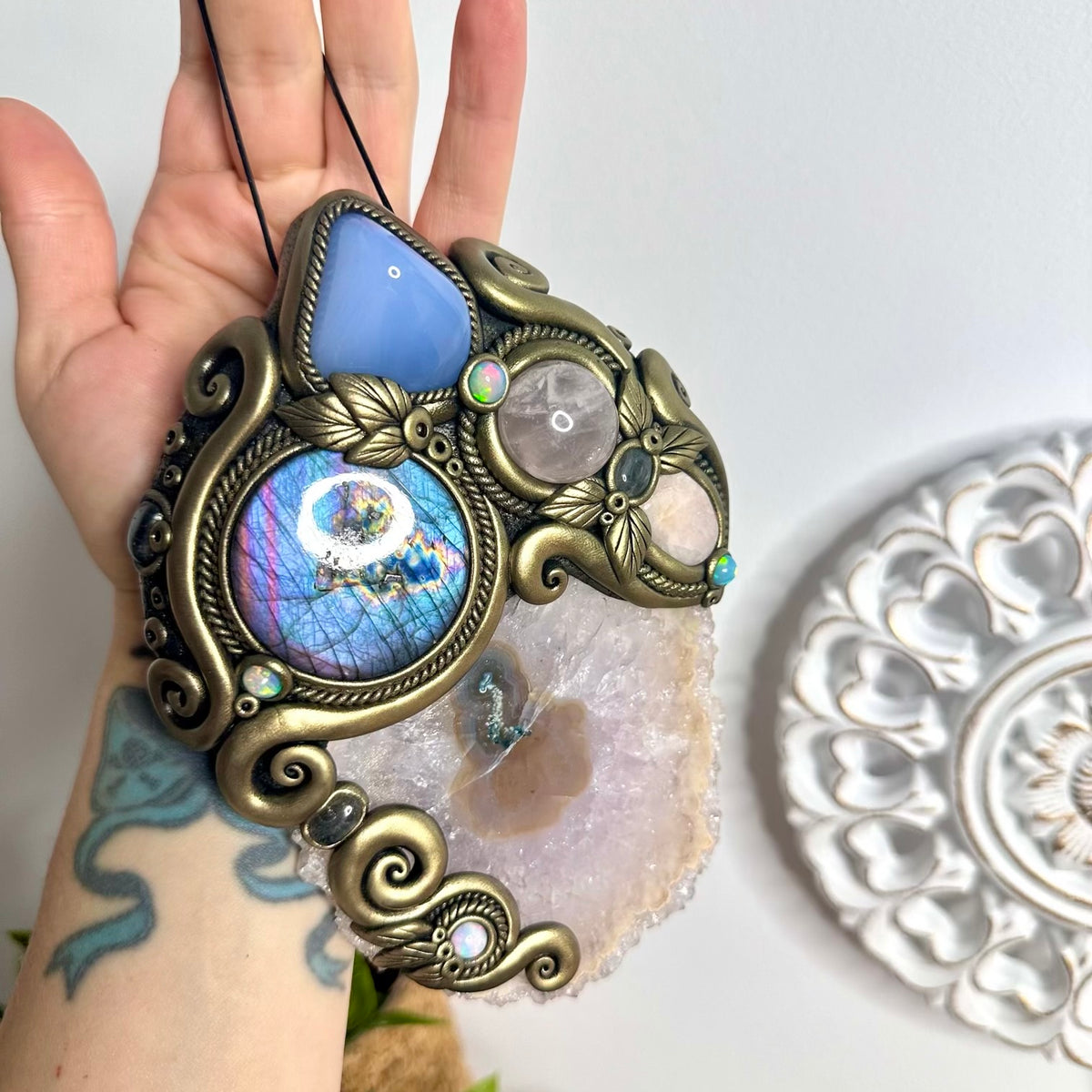 Handmade Crystal Wall Hanging - Unique Gemstone Home Decor with Large Amethyst Stalactite, Purple Labradorite, Blue Chalcedony, Rose Quartz, Morganite, Ethiopian Opal and  Clear Topaz