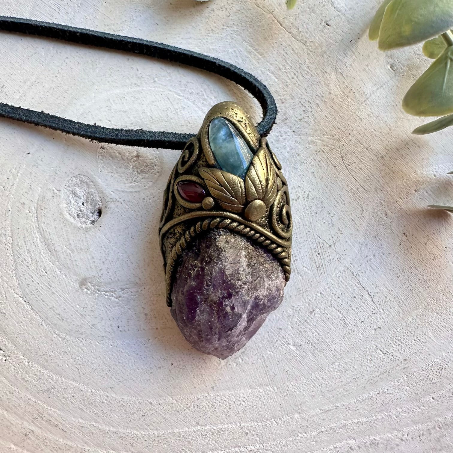 Raw Scapolite with Aquamarine and Rhodolite Garnet pendant necklace, handcrafted with natural gemstones.