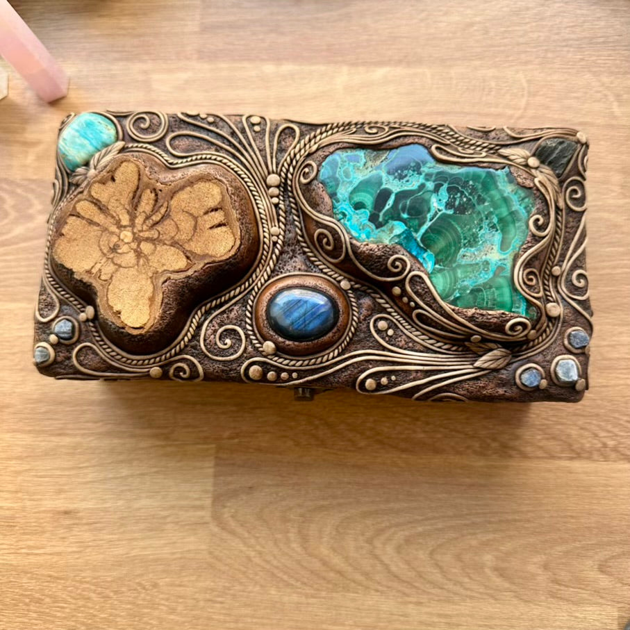 Wooden Box Decorated with Crystals, Handmade Crystal Box, Unique Home Decor with Crysocolla Malachite, Ayahuasca Slice, Labradorite, Atacama Opal, Blue Sapphire and Moldavite - FairyGardenGlow