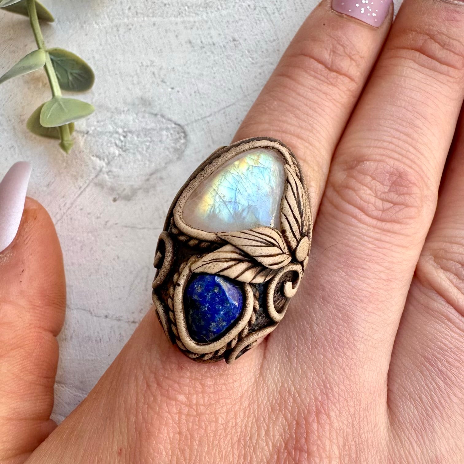 Rainbow Moonstone and Lapis Lazuli Ring