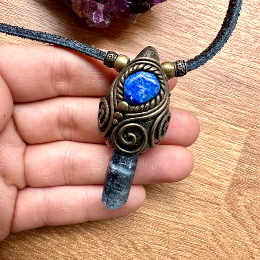 Blue Kyanite and Lapis Lazuli Pendant Necklace, Unisex Handmade Crystal Jewelry - FairyGardenGlow