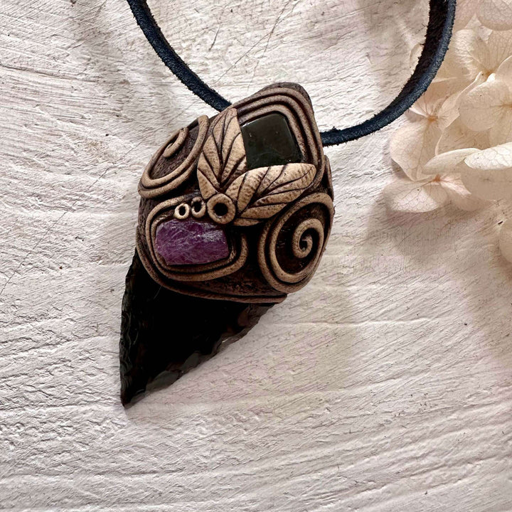 Black Obsidian Arrowhead Ruby and Dravite Pendant Necklace - FairyGardenGlow