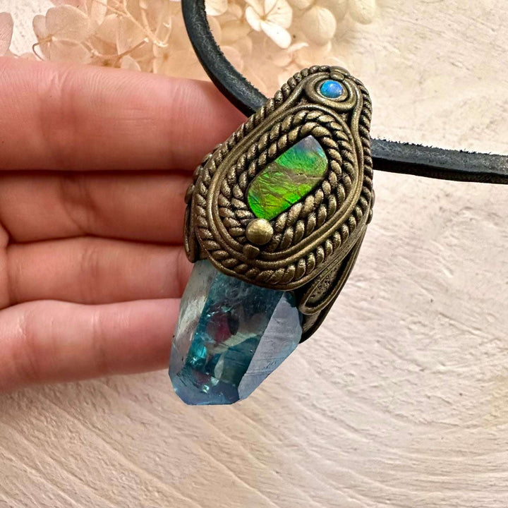 Aqua Aura Quartz Ammolite and Australian Opal Pendant Necklace - FairyGardenGlow