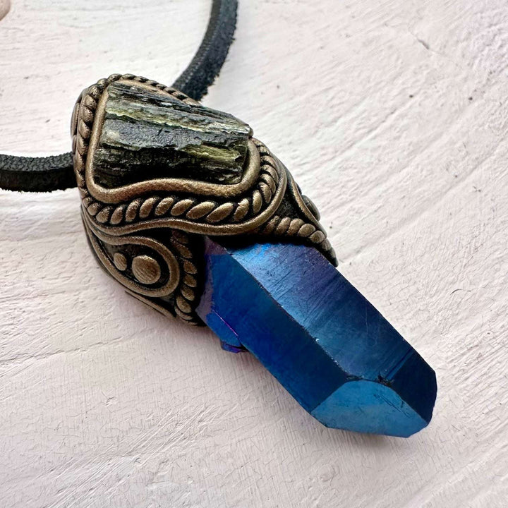 Cobalt Aura Quartz and Moldavite Pendant Necklace - FairyGardenGlow