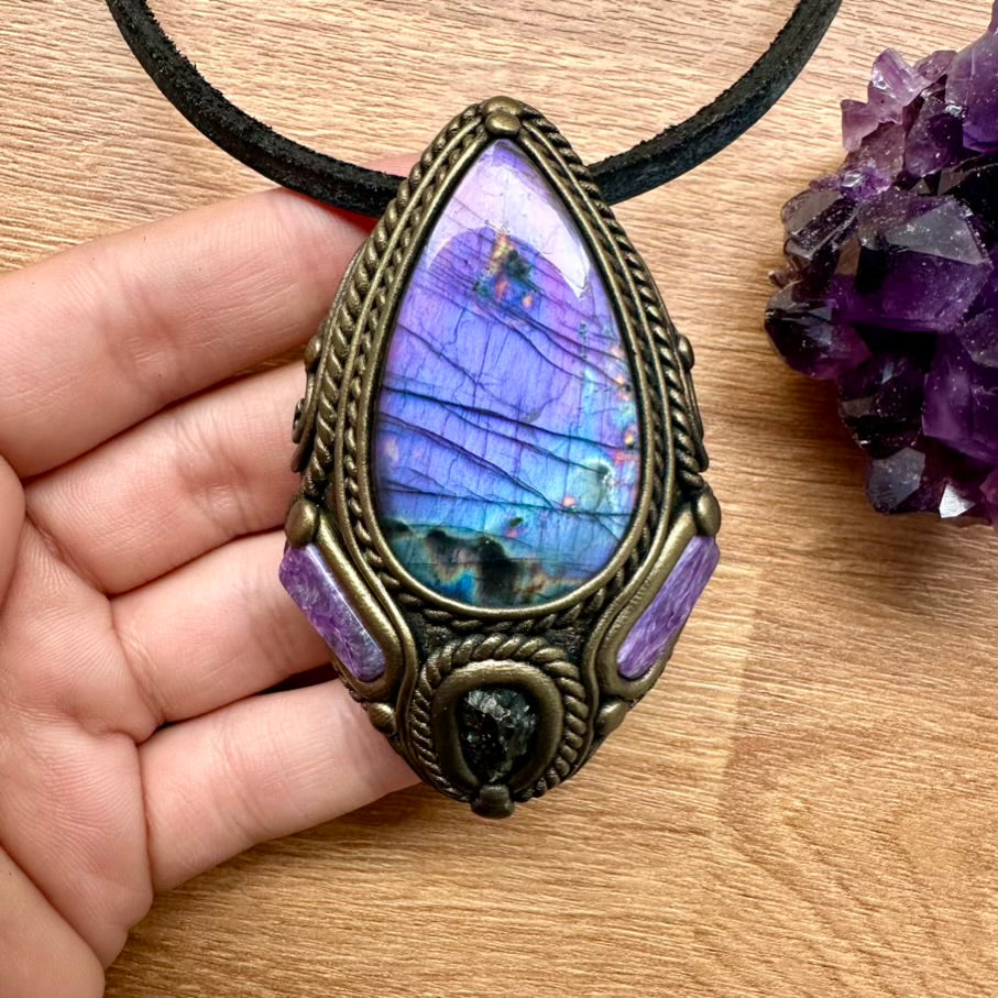 Purple Labradorite Moldavite and Charoite Necklace, One of a kind Handmade Jewlery - FairyGardenGlow