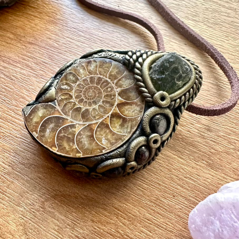Ammonite Moldavite and Red Garnet Necklace - FairyGardenGlow