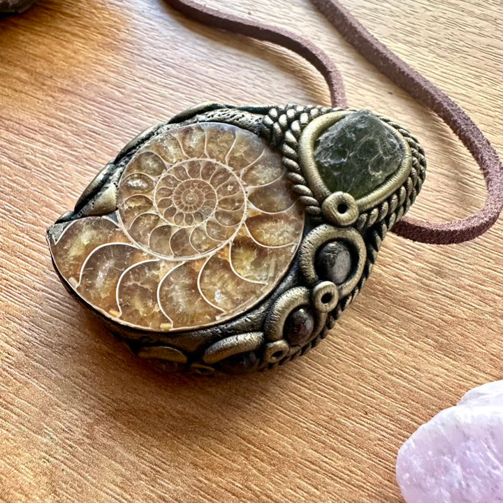 Ammonite Moldavite and Red Garnet Necklace - FairyGardenGlow