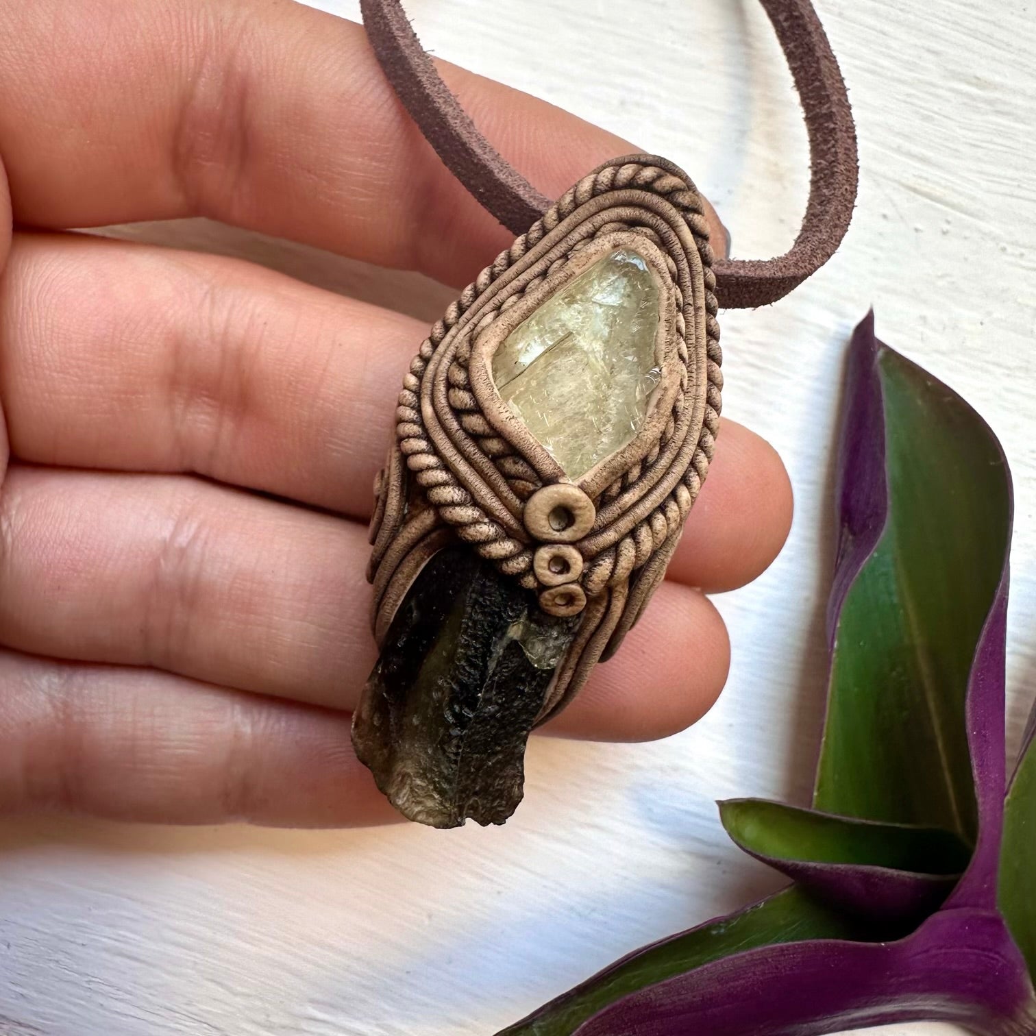 Moldavite and Hiddenite Pendant Necklace - FairyGardenGlow