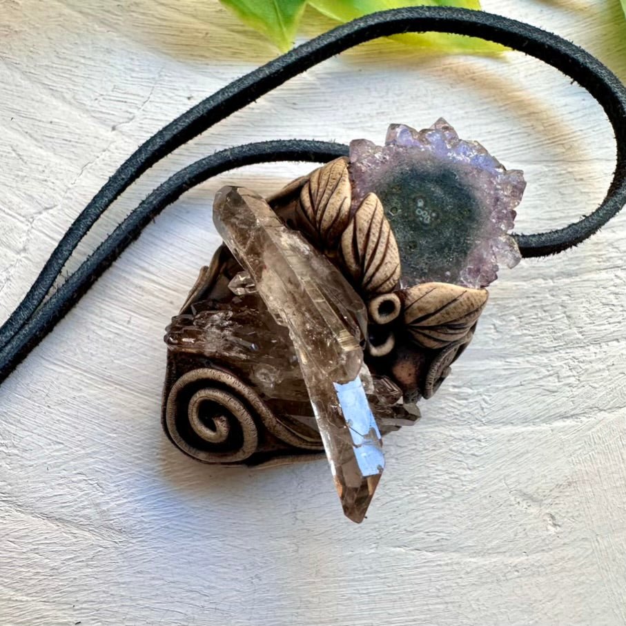Smoky Quartz Cluster and Amethyst Stalactite Pendant Necklace, Handmade Clay Pendant FairyGardenGlow