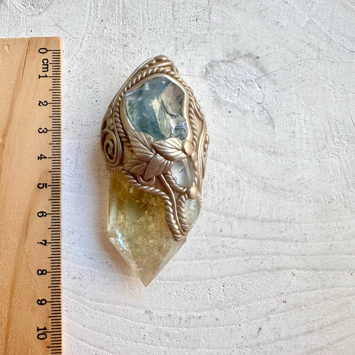 Handmade gemstone wand with raw celestite and citrine crystal energy