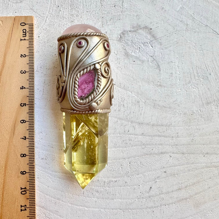 Handmade gemstone wand with citrine ruby tourmaline and rose quartz 