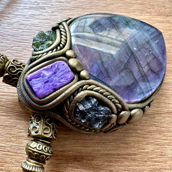 Purple Labradorite Moldavite and Charoite Pendant Necklace, Unique Protection Amulet - FairyGardenGlow