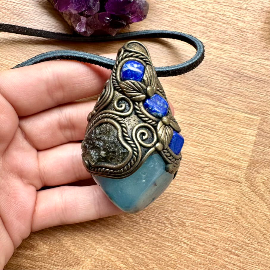 Aquamarine including Black Tourmaline Moldavite and Lapis Lazuli Crystal Pendant Necklace / Healing Crystal Talisman - FairyGardenGlow
