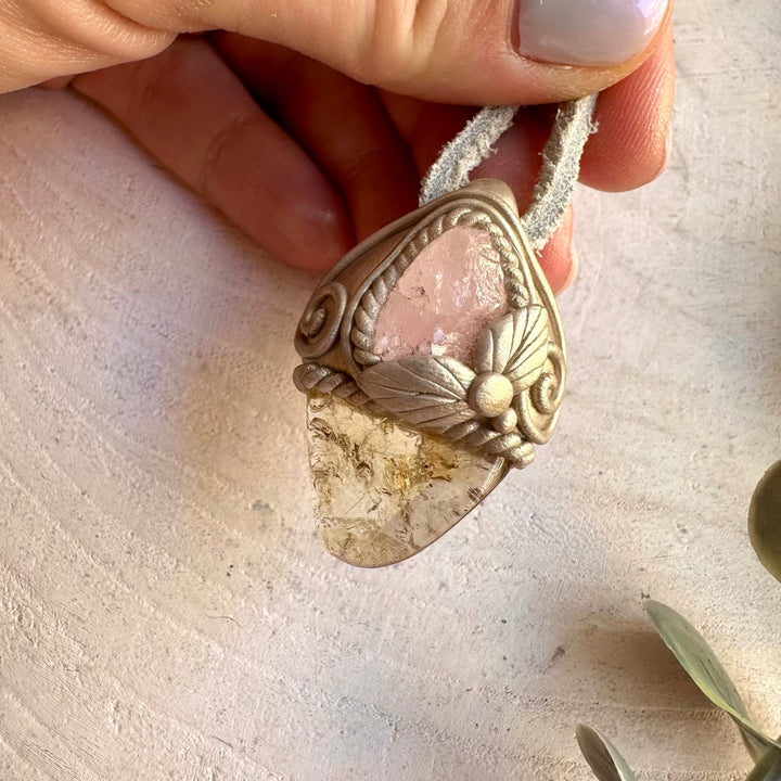 Polished Citrine and Morganite pendant necklace, handcrafted as unique healing crystal gemstone jewelry.