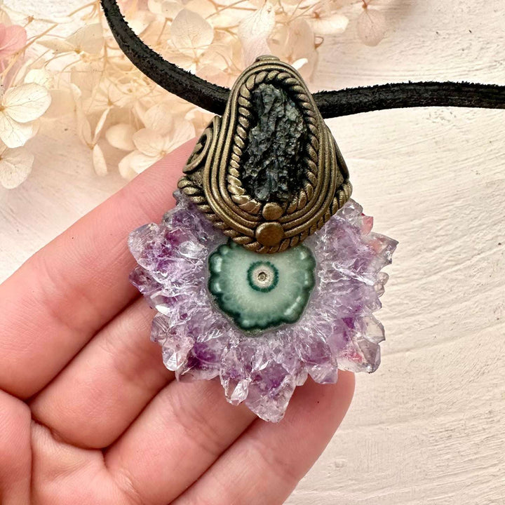Amethyst Stalactite and Raw Moldavite Pendant Necklace - FairyGardenGlow