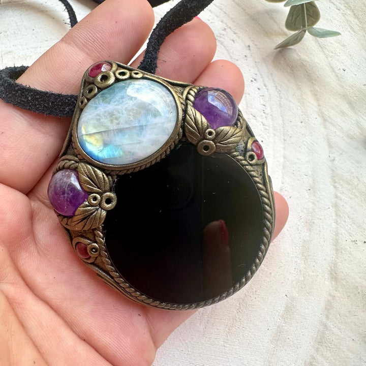 Obsidian mirror jewelry with Moonstone, Amethyst and Garnet accents