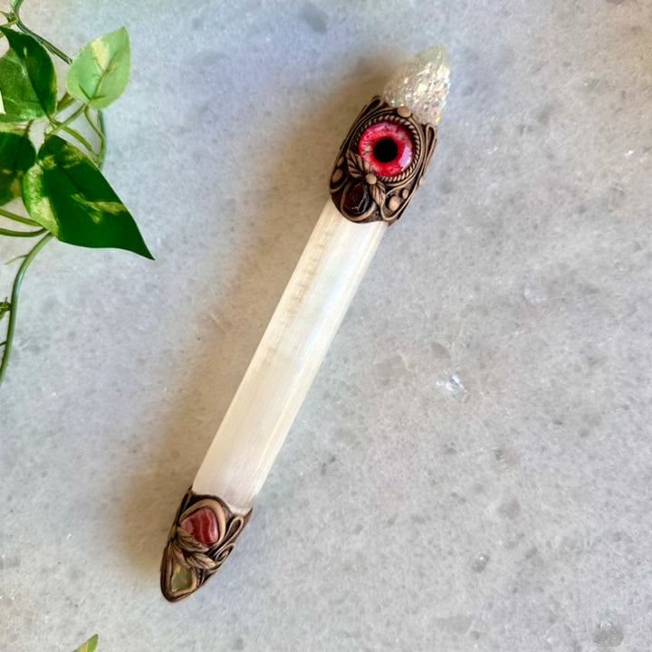 Selenite Crystal Wand, Angel Aura Spirit Quartz Red Garnet Raw Opal and Rhodochrosite Handmade Healing Crystal Wand - FairyGardenGlow