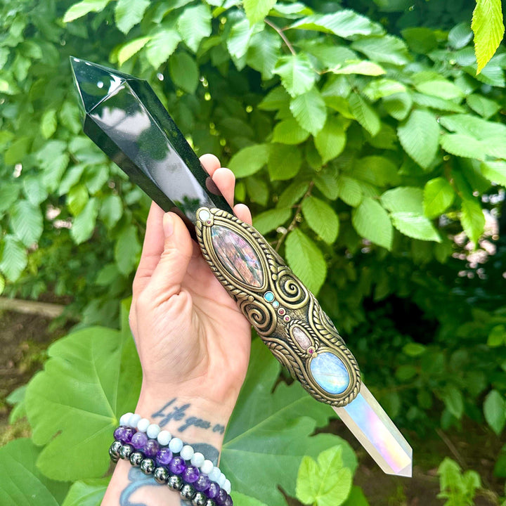 XL Black Obsidian Wand , Angel Aura Rose Quartz Labradorite Rainbow Moonstone Australian Opal Morganite Ruby Wand - FairyGardenGlow
