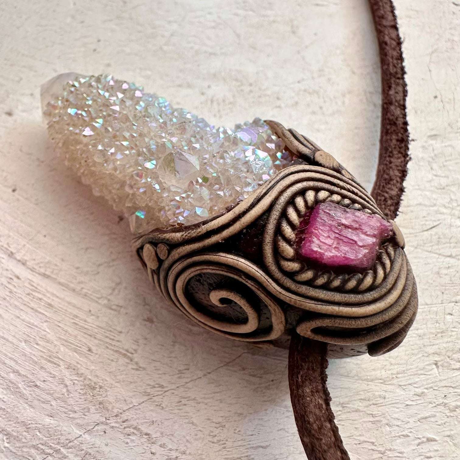Angel Aura Spirit Quartz and Ruby Pendant Necklace - FairyGardenGlow