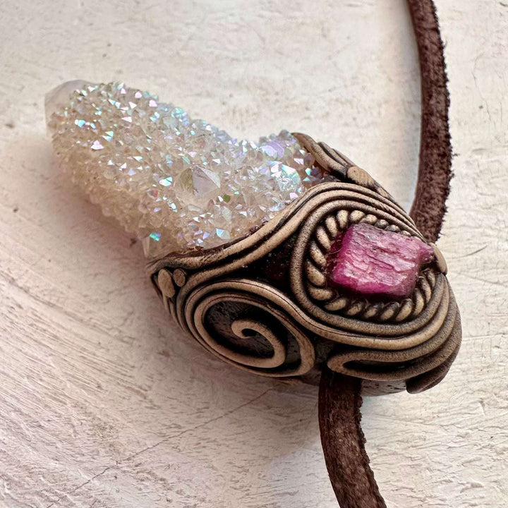 Angel Aura Spirit Quartz and Ruby Pendant Necklace - FairyGardenGlow