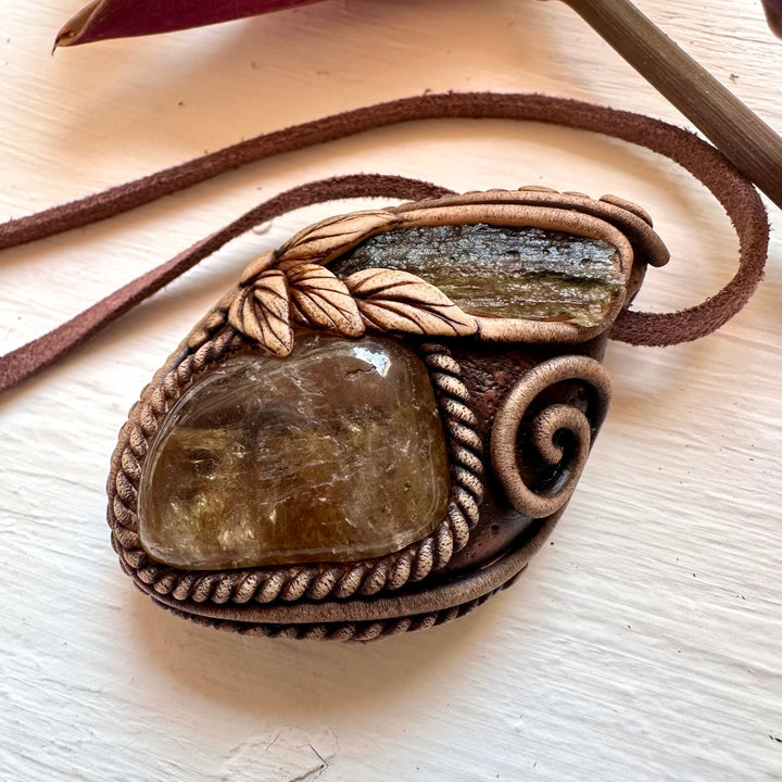 Moldavite and Citrine Pendant Necklace - FairyGardenGlow