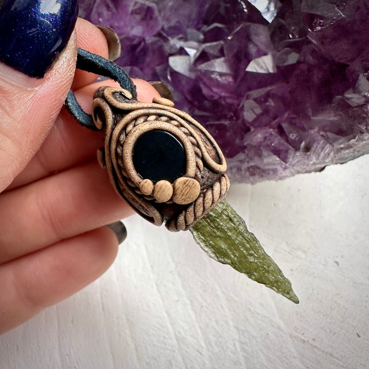 Moldavite and Black Onyx Necklace - FairyGardenGlow