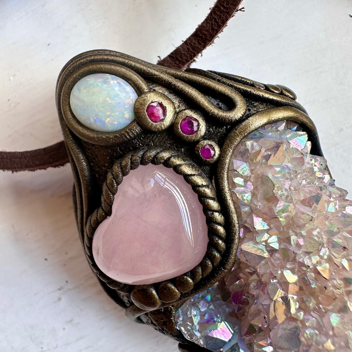 Angel Aura Spirit Quartz Rose Quartz Heart Australian Opal and Ruby Wand / Necklace - FairyGardenGlow