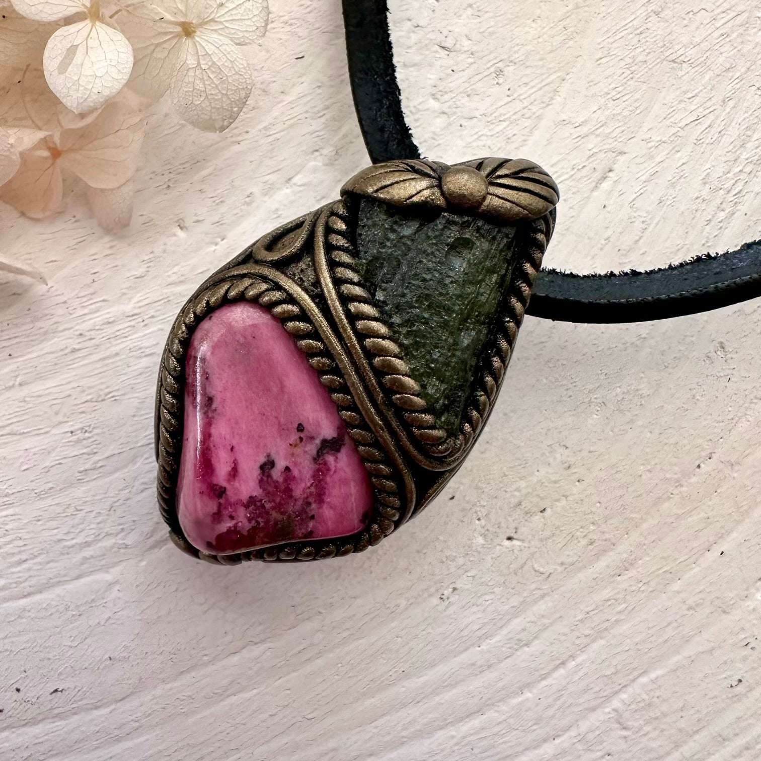 Rhodonite and Moldavite Pendant Necklace - FairyGardenGlow